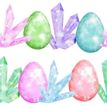 Watercolor seamless hand drawn pattern with Easter eggs bunnies on glitter Stock Illustration