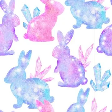 Watercolor seamless hand drawn pattern with Easter eggs bunnies on glitter Stock Illustration
