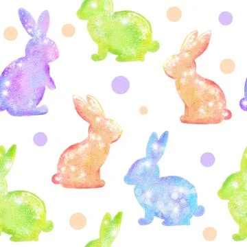 Watercolor seamless hand drawn pattern with Easter eggs bunnies on glitter Stock Illustration