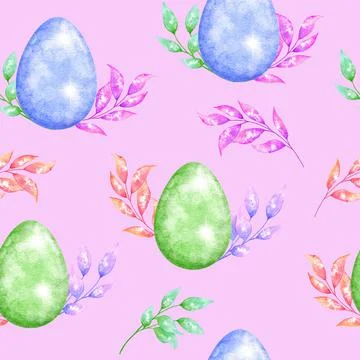 Watercolor seamless hand drawn pattern with Easter eggs bunnies on glitter Stock Illustration