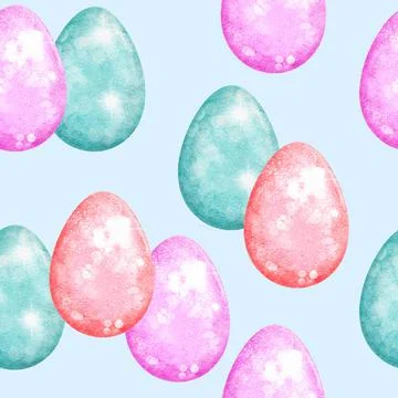 Watercolor seamless hand drawn pattern with Easter eggs bunnies on glitter Stock Illustration