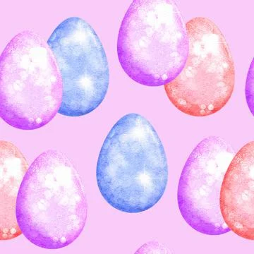 Watercolor seamless hand drawn pattern with Easter eggs bunnies on glitter Illustrazione stock
