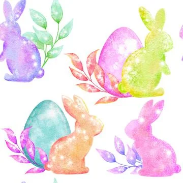 Watercolor seamless hand drawn pattern with Easter eggs bunnies on glitter Stock Illustration