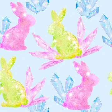 Watercolor seamless hand drawn pattern with Easter eggs bunnies on glitter Stock Illustration