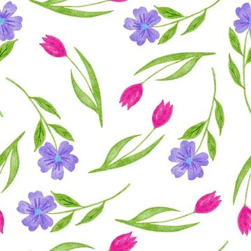Watercolor seamless hand drawn pattern with spring summer flowers, blue daisy Stock Illustration