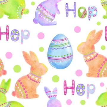 Watercolor seamless hand drawn pattern with orange purple Easter bunnies rabbits Stock Illustration
