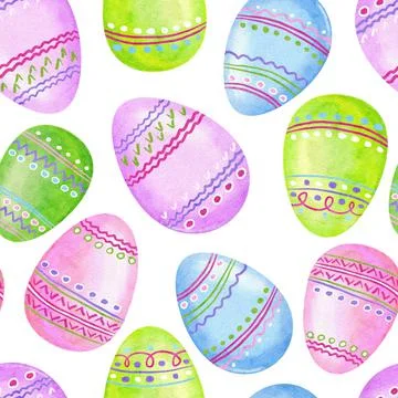 Watercolor seamless hand drawn pattern with Easter eggs bunnies rabbit in pastel Illustrazione stock
