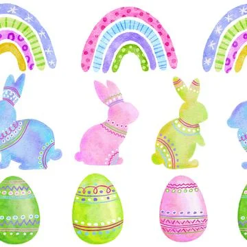 Watercolor seamless hand drawn pattern with Easter eggs bunnies rabbit raibows 스톡 일러스트