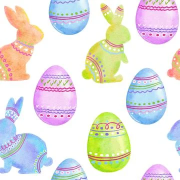 Watercolor seamless hand drawn pattern with Easter eggs bunnies rabbit in pastel Stock Illustration