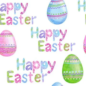 Watercolor seamless hand drawn pattern with Easter eggs bunnies rabbit in pastel Stock Illustration