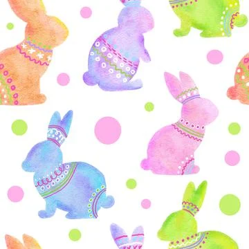 Watercolor seamless hand drawn pattern with pastel Easter bunnies rabbits 스톡 일러스트