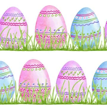 Watercolor seamless hand drawn pattern with Easter eggs bunnies rabbit in pastel Stock Illustration