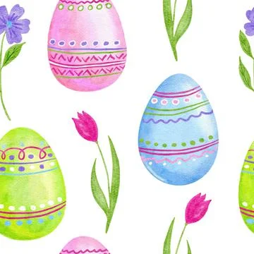 Watercolor seamless hand drawn pattern with Easter eggs bunnies rabbit in pastel Stock Illustration