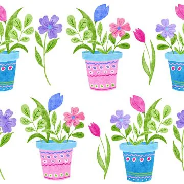 Watercolor seamless hand drawn pattern with spring summer flowers in pots, blue Stock Illustration