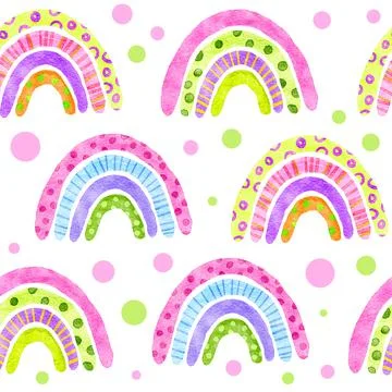 Watercolor seamless hand drawn pattern with bright colorful rainbows and polka Stock Illustration