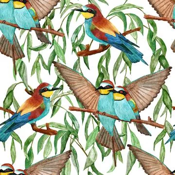 Watercolor seamless hand drawn pattern with kingfisher bee-eater birds in forest Stock Illustration