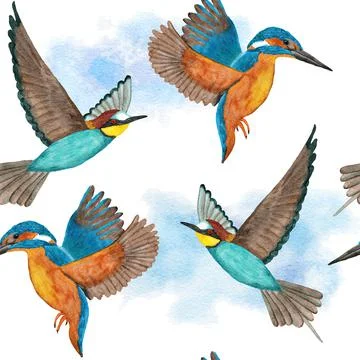 Watercolor seamless hand drawn pattern with wild kingfisher bee-eater birds in Stock Illustration