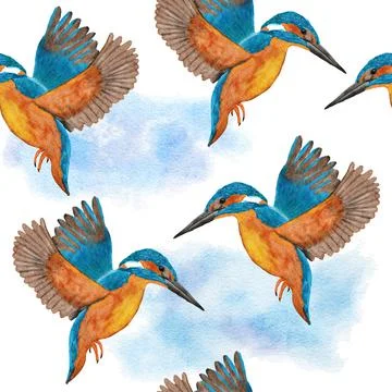 Watercolor seamless hand drawn pattern with wild kingfisher bee-eater birds in Stock Illustration