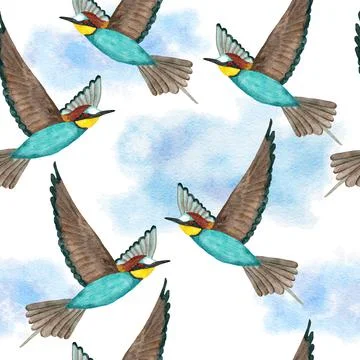 Watercolor seamless hand drawn pattern with wild kingfisher bee-eater birds in Stock Illustration