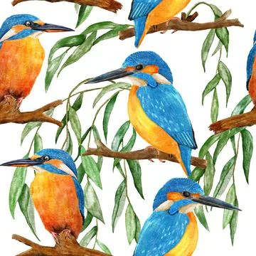 Watercolor seamless hand drawn pattern with wild kingfisher bee-eater birds in Stock Illustration