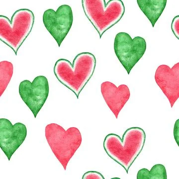 Watercolor seamless hand drawn pattern with red green abstract shapes elements Illustrazione stock