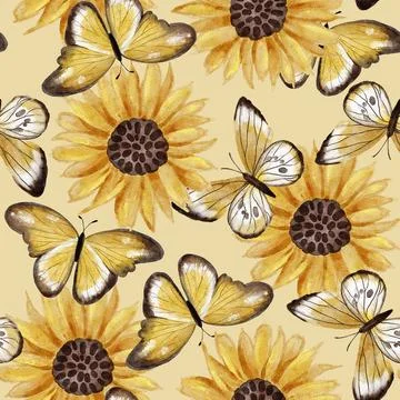 Watercolor seamless hand drawn pattern with realistic summer natural sunflowers Stock Illustration