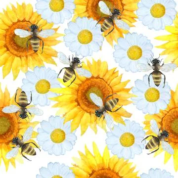 Watercolor seamless handd rawn pattern with bumble bees, nature natural insects Illustrazione stock