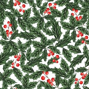 This watercolor seamless holiday pattern features green holly leaves and vibr Ilustración de archivo