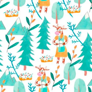 Watercolor seamless New Year's pattern with a bull, Christmas trees, Stock Illustration