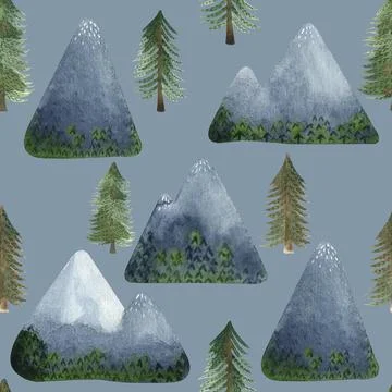 Watercolor seamless pattern about ski holidays in the mountains with different Stock Illustration