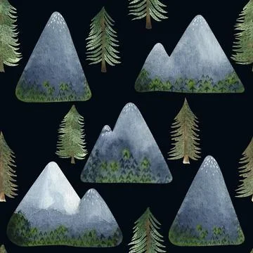 Watercolor seamless pattern about ski holidays in the mountains with different Stock Illustration