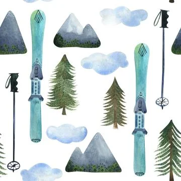 Watercolor seamless pattern about ski holidays in the mountains with different Stock Illustration