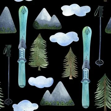 Watercolor seamless pattern about ski holidays in the mountains with different Stock Illustration