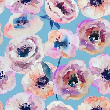 Watercolor seamless pattern with abstract delicate anemone flowers. Stock Illustration