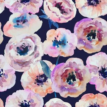 Watercolor seamless pattern with abstract delicate anemone flowers. 스톡 일러스트