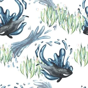 Watercolor seamless pattern with Arctic killer whale and decorative plants water Stock Illustration
