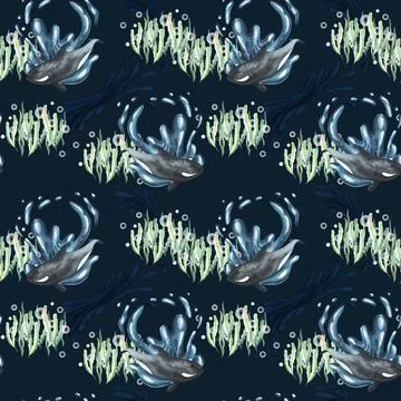 Watercolor seamless pattern with Arctic killer whale and decorative plants water Stock Illustration