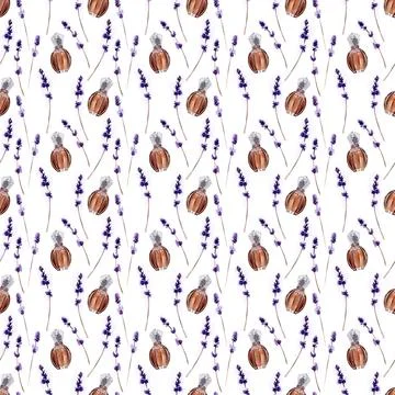 Watercolor seamless pattern with aromatic herbs and flowers Stock-Illustration