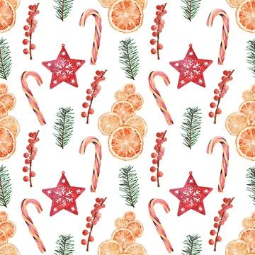Watercolor seamless pattern with attributes of new Year holidays and Christmas Stock Illustration