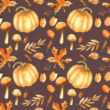 Watercolor seamless pattern of autumn elements. Cute fall harvest background. 스톡 일러스트