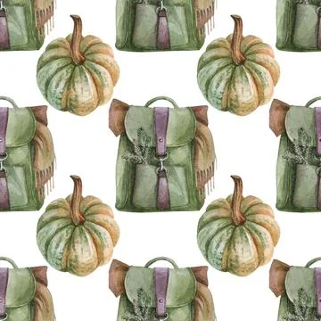 Watercolor seamless pattern with autumn vegetable pumpkin and green backpack Stock Illustration