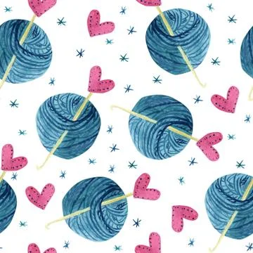 Watercolor seamless pattern with balls of wool and crochet hooks. Stock Illustration