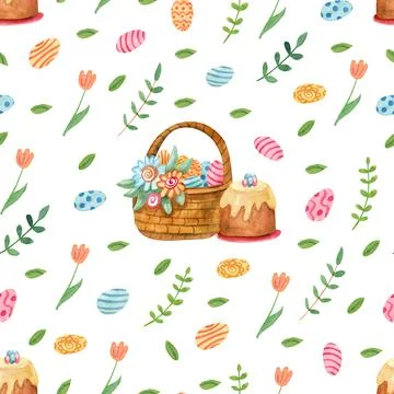 Watercolor seamless pattern with baskets full of Easter eggs and cakes Stock Illustration