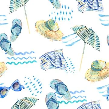 Watercolor seamless pattern with beach objects Stock Illustration
