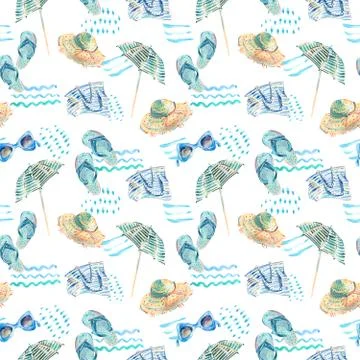 Watercolor seamless pattern with beach objects Stock Illustration