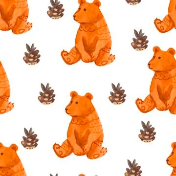 Watercolor seamless pattern with bear and cone. Stock Illustration
