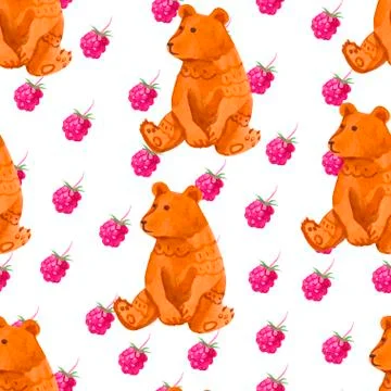 Watercolor seamless pattern with bear and rasberry. Stock Illustration