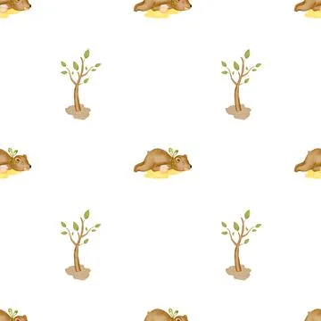 Watercolor seamless pattern with a bear and honey lying near a tree. Cute Stock Illustration