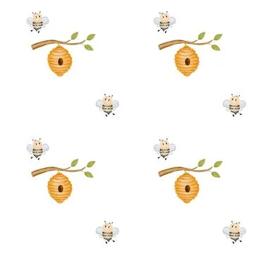 Watercolor seamless pattern of bee with beehive and branch on white background Ilustración de archivo