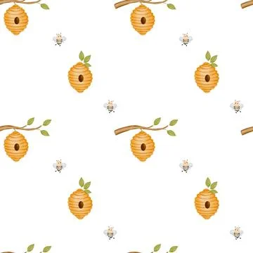 Watercolor seamless pattern of bee with beehive and branch on white background Ilustración de archivo
